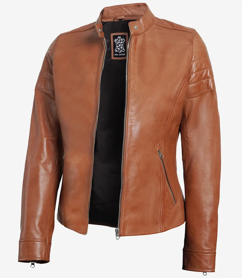 Women Tan Cafe Racer Leather Jacket