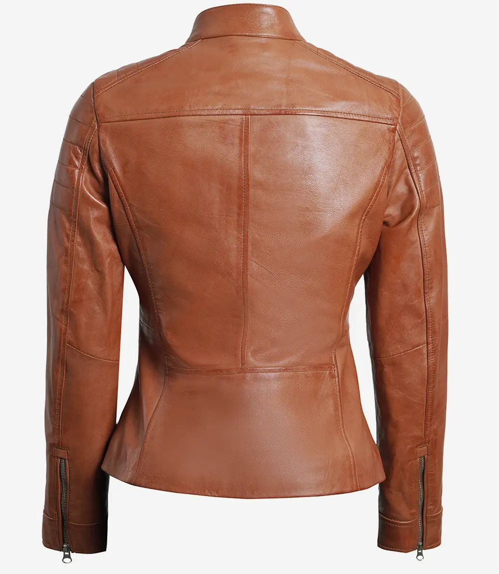 Women Tan Cafe Racer Leather Jacket