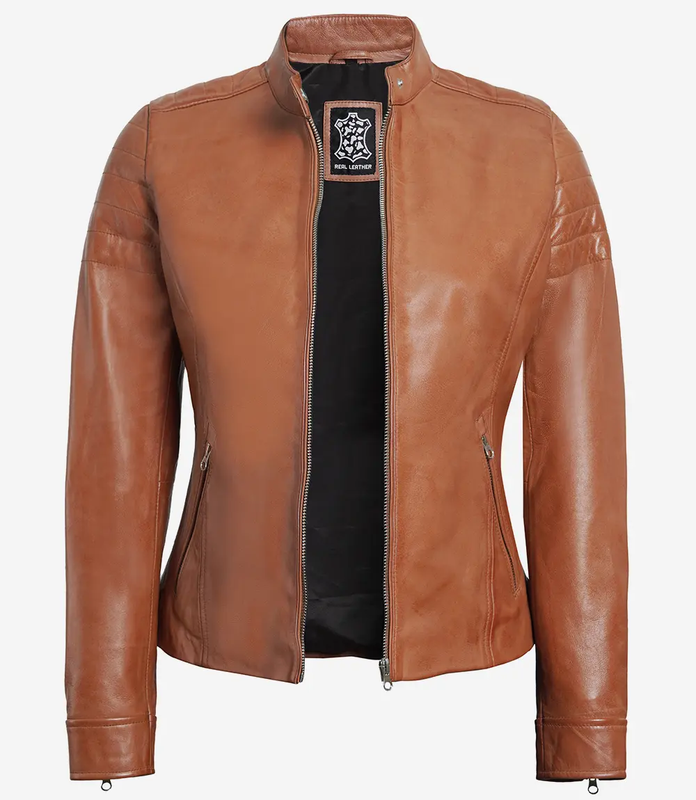 Women Tan Cafe Racer Leather Jacket