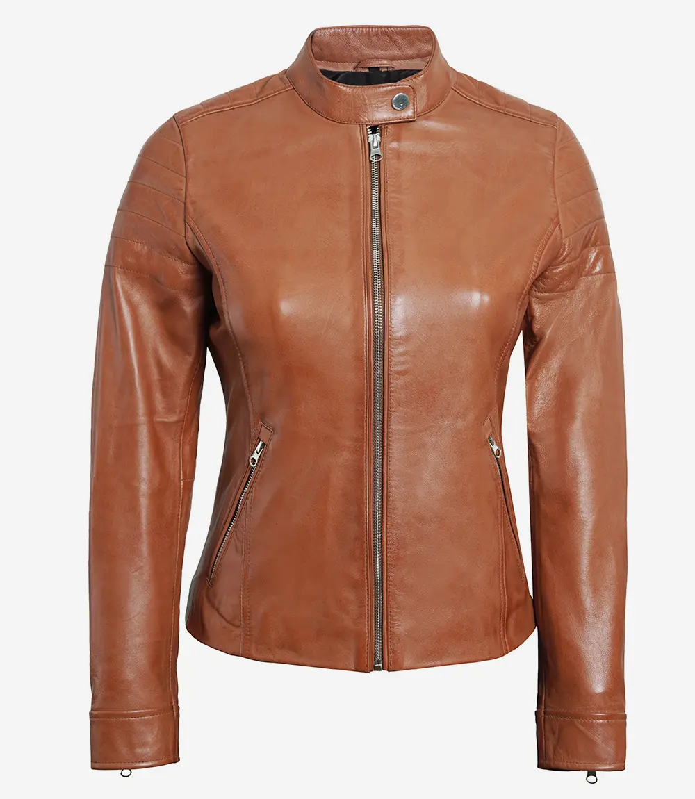 Women Tan Cafe Racer Leather Jacket