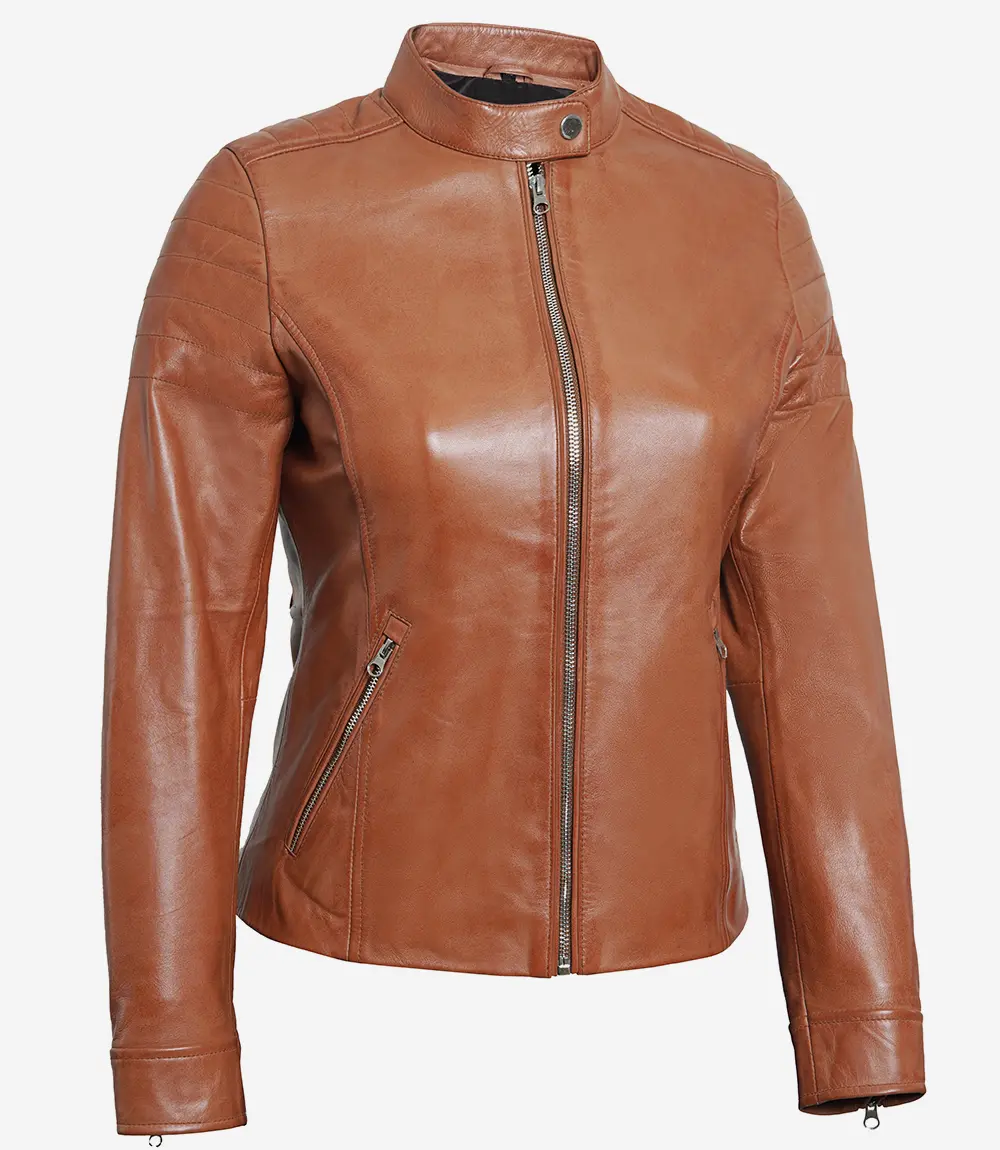 Women Tan Cafe Racer Leather Jacket