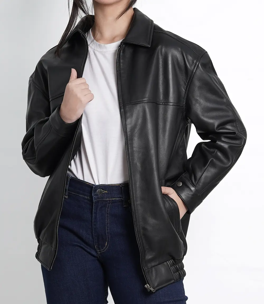 Women's Oversized Black Leather Bomber Jacket