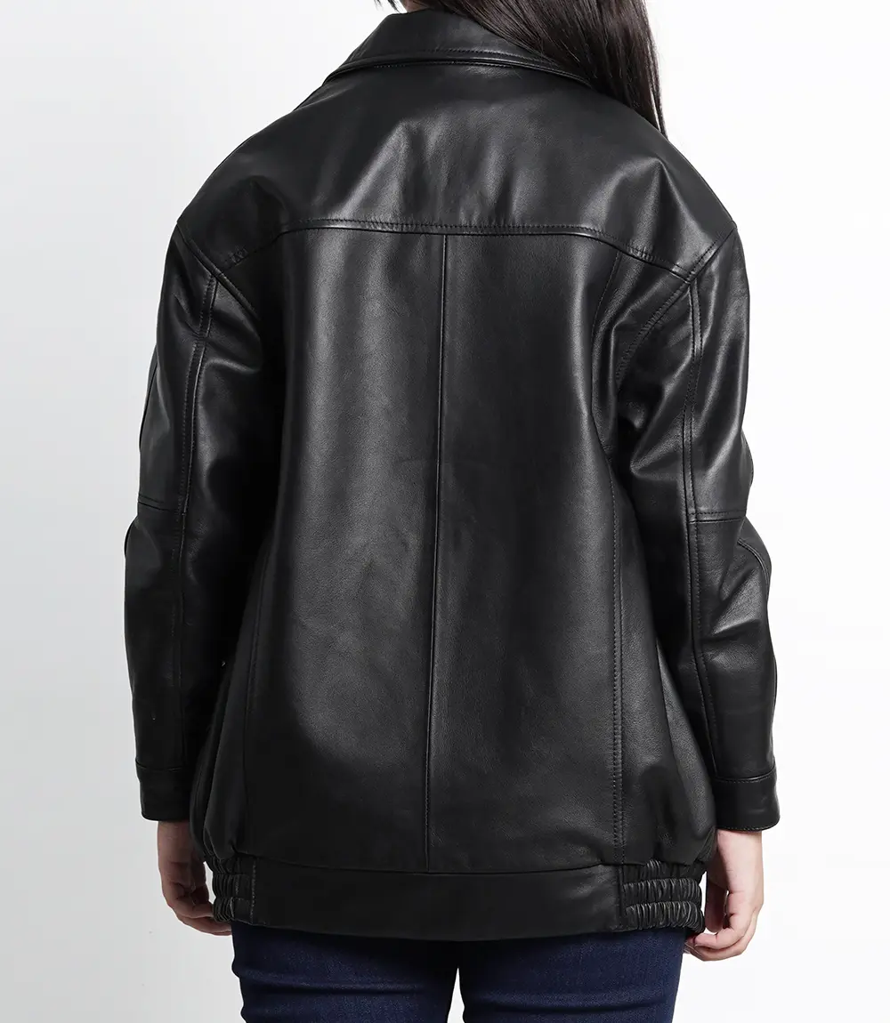 Women's Oversized Black Leather Bomber Jacket