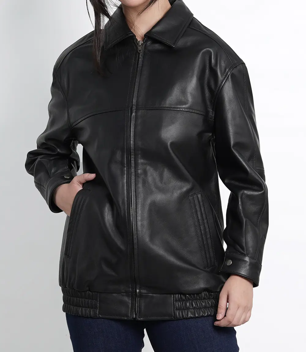 Women's Oversized Black Leather Bomber Jacket