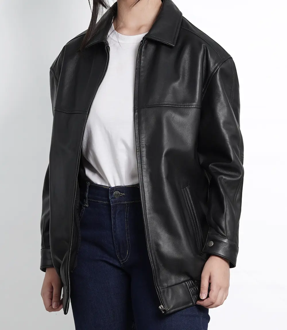 Women's Oversized Black Leather Bomber Jacket