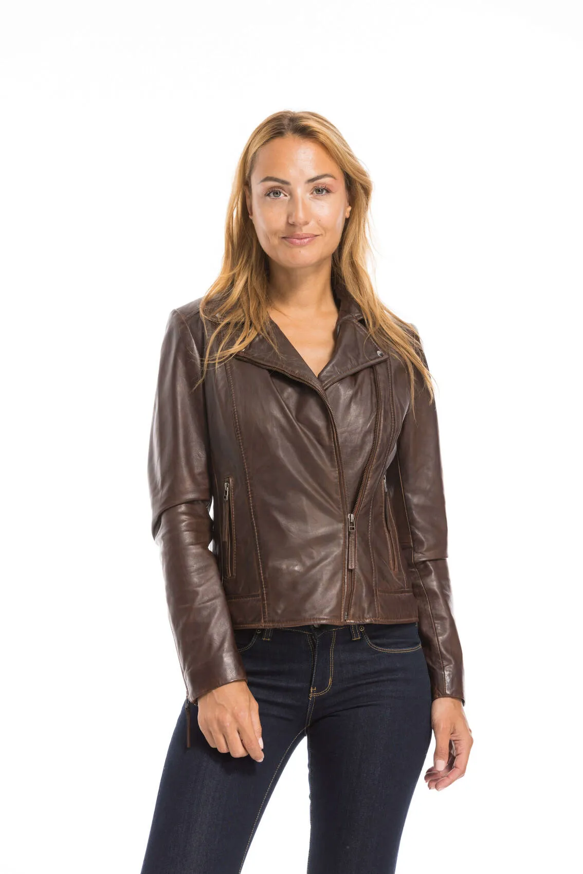 Women's dark cognac leather jacket bella biker style