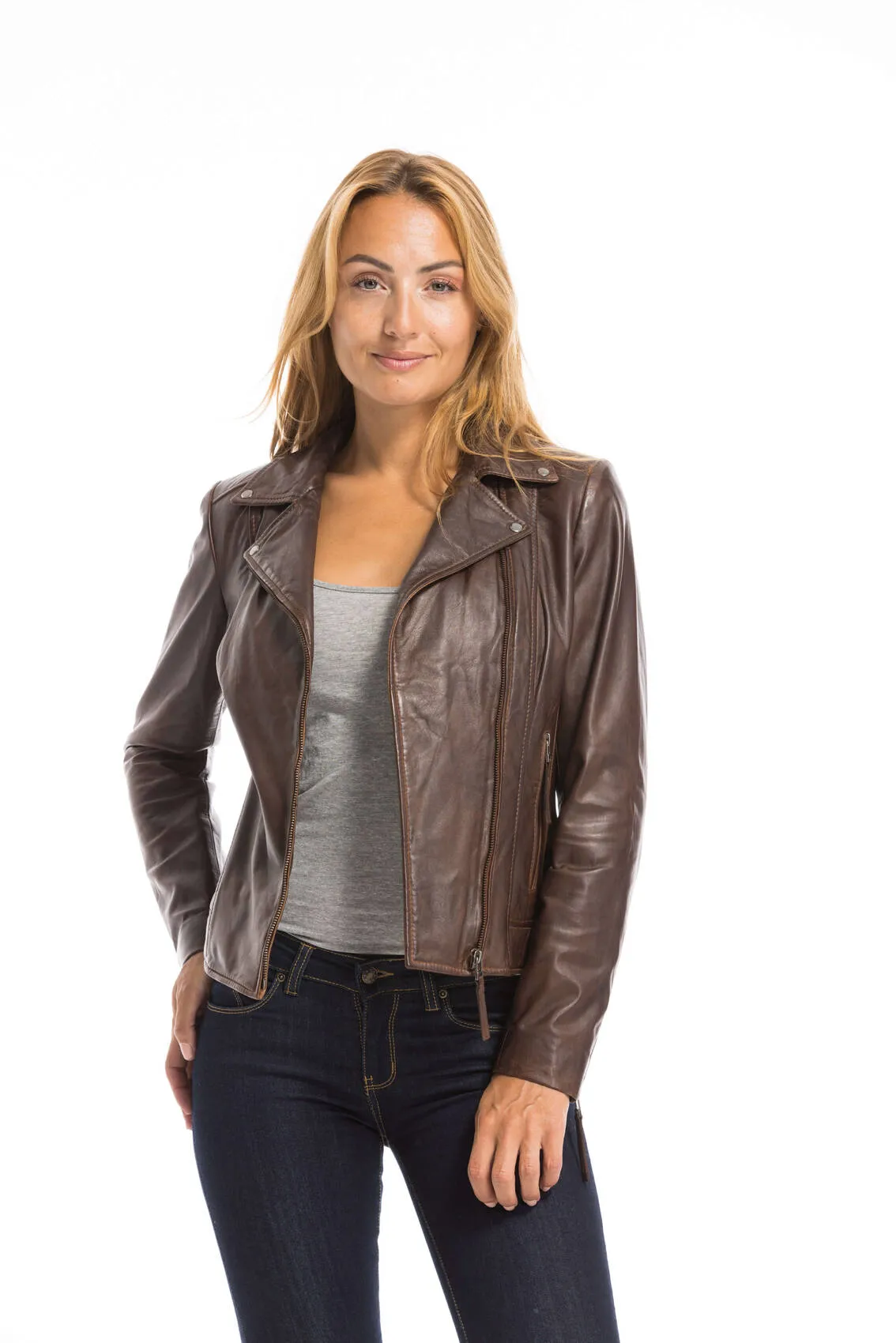 Women's dark cognac leather jacket bella biker style