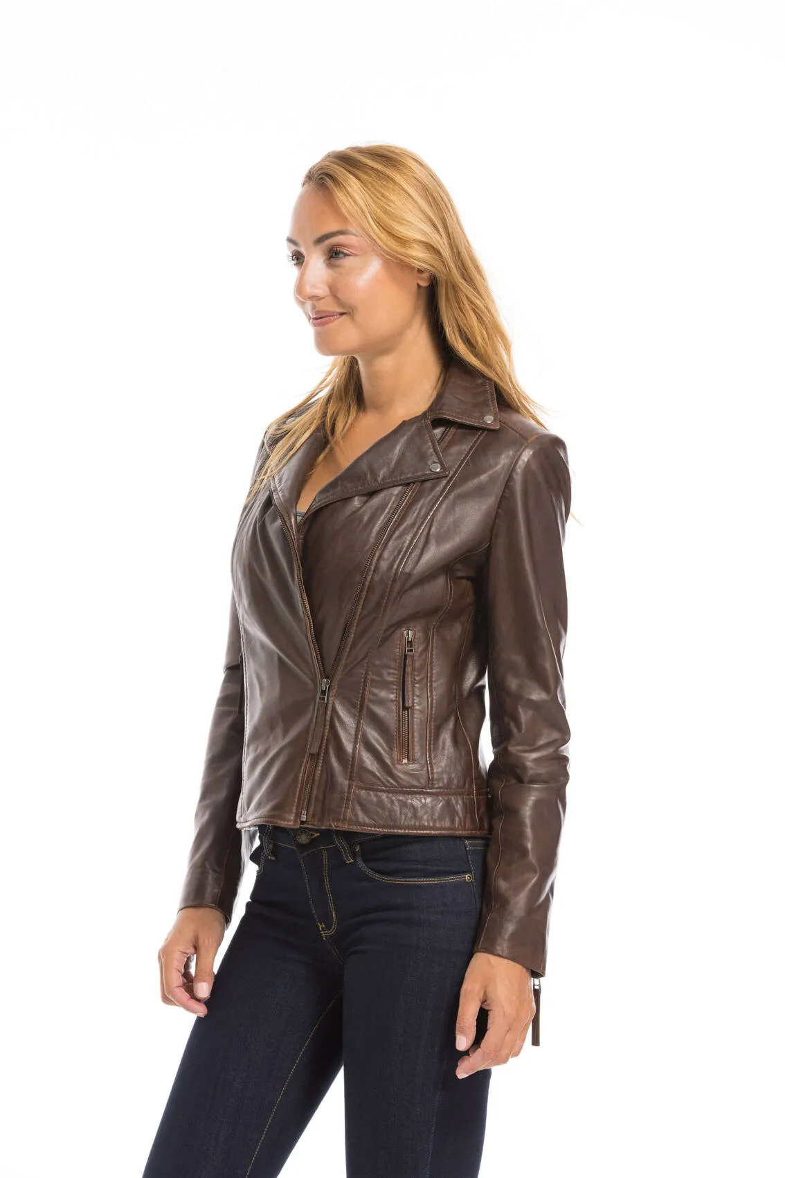 Women's dark cognac leather jacket bella biker style