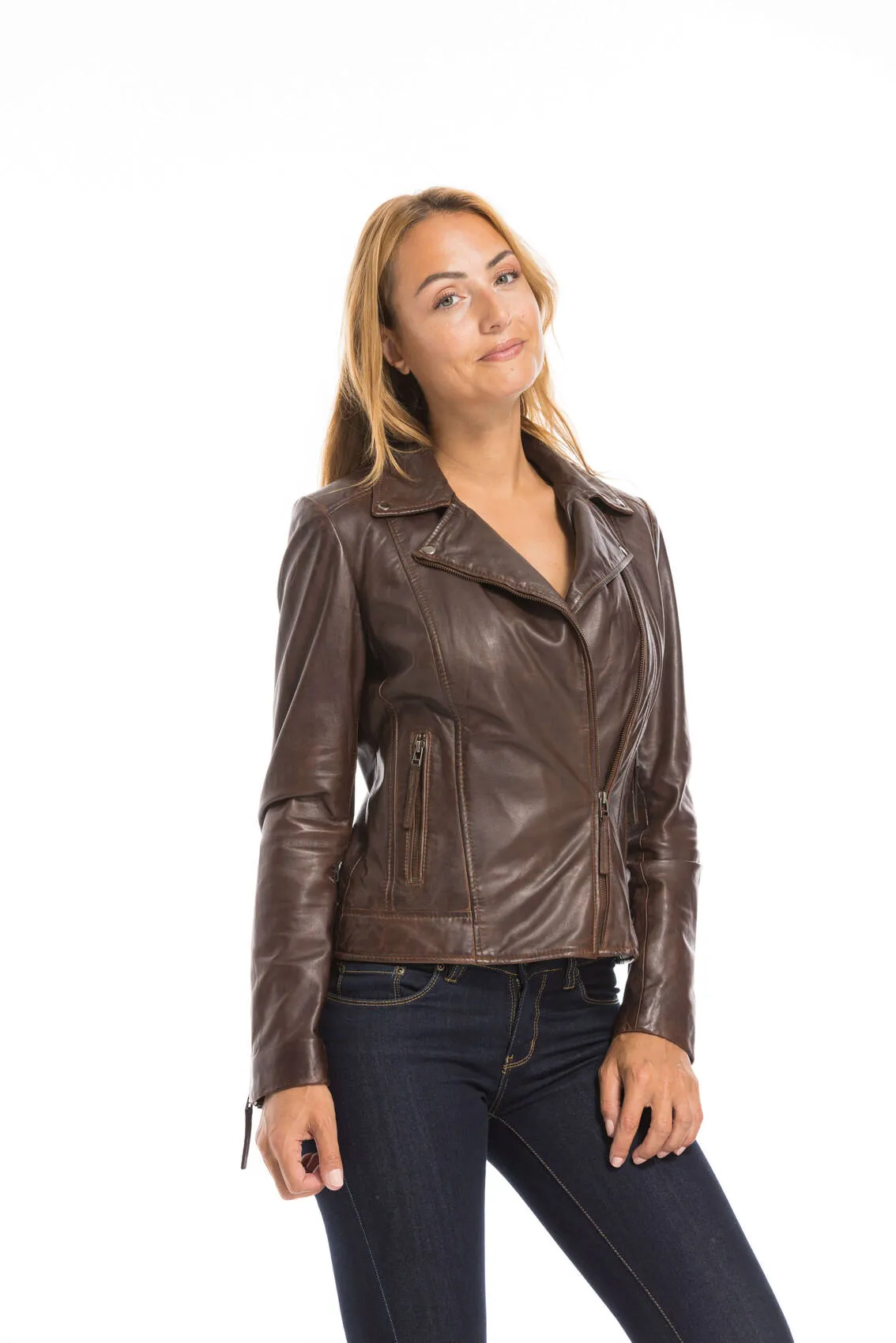 Women's dark cognac leather jacket bella biker style