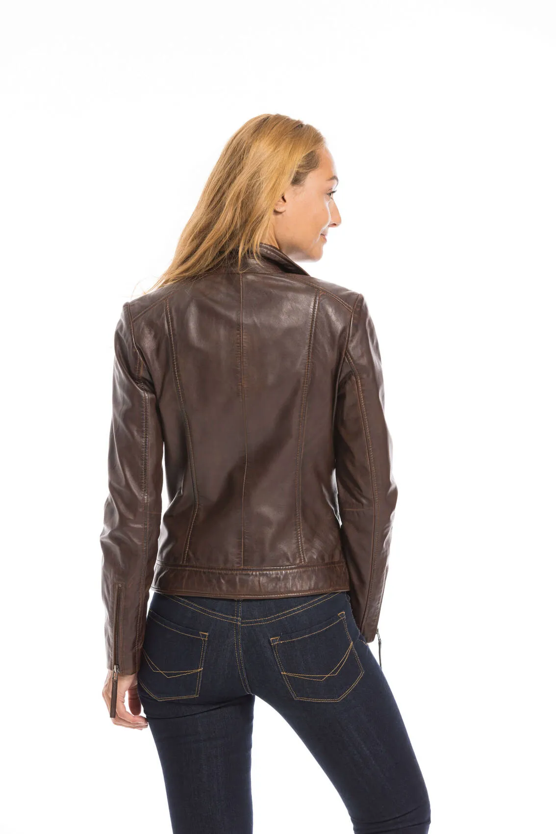 Women's dark cognac leather jacket bella biker style