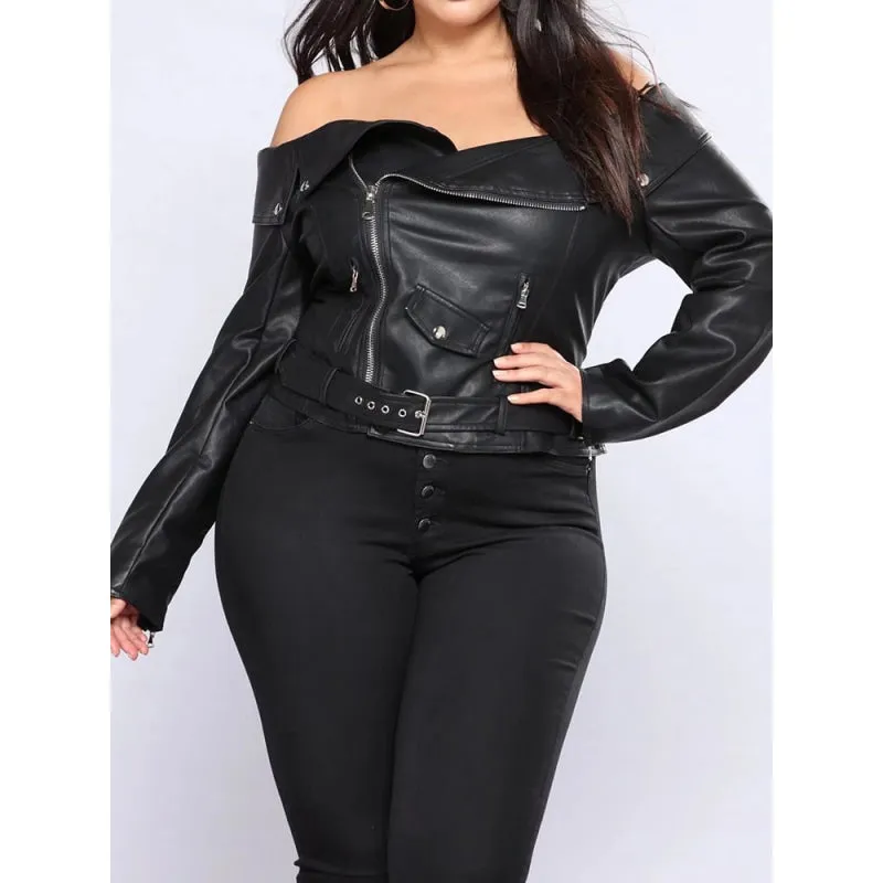 Women's Faux Leather Moto Biker Jacket with Slash Neck, Zipper Closure, and Waist Belt