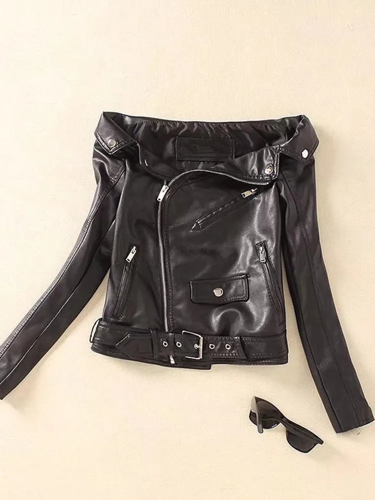 Women's Faux Leather Moto Biker Jacket with Slash Neck, Zipper Closure, and Waist Belt