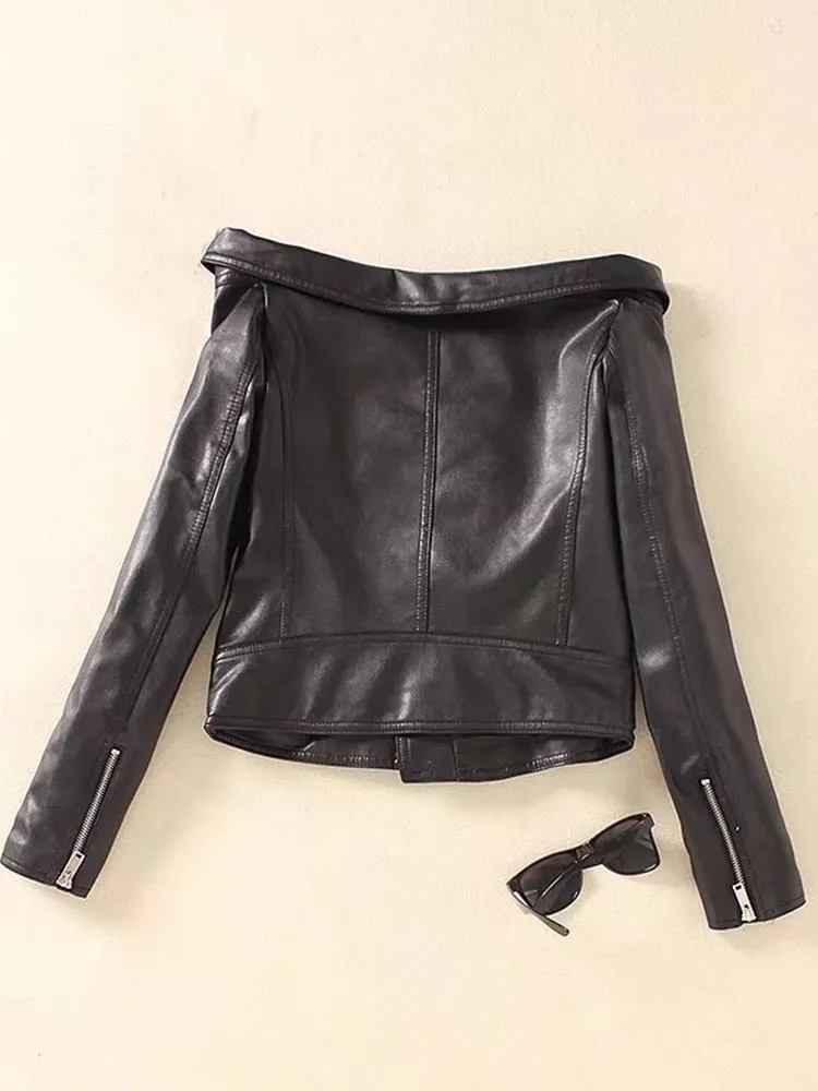 Women's Faux Leather Moto Biker Jacket with Slash Neck, Zipper Closure, and Waist Belt