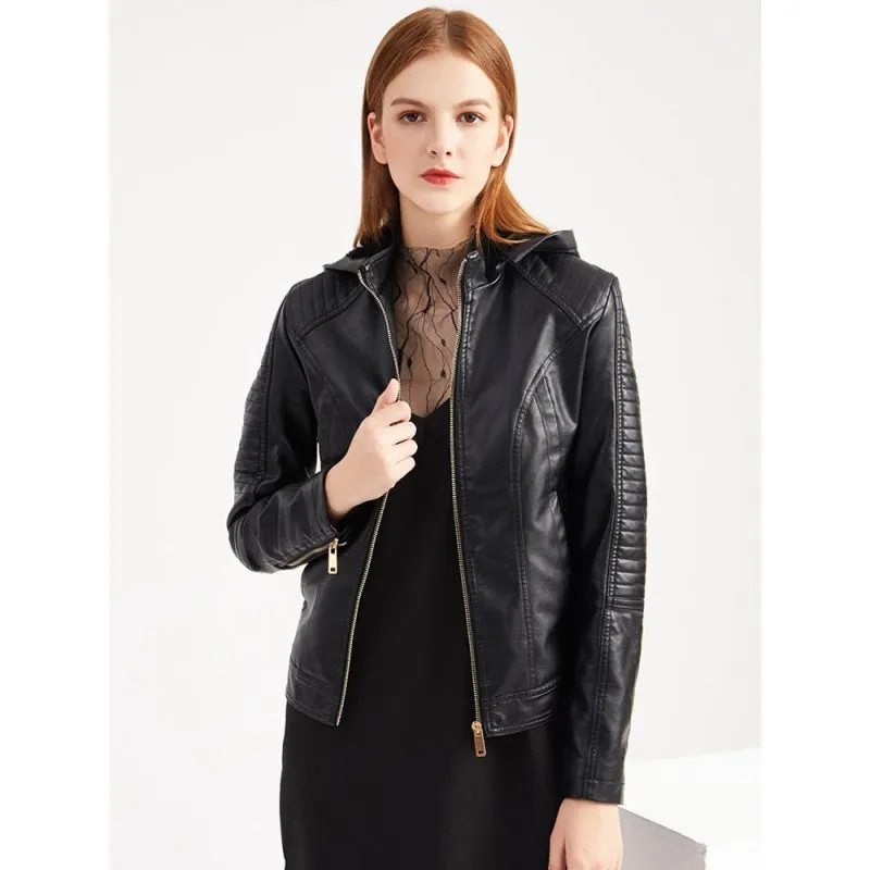 Women's Faux Leather Thick Warm Hooded Detachable Moto Biker Jacket