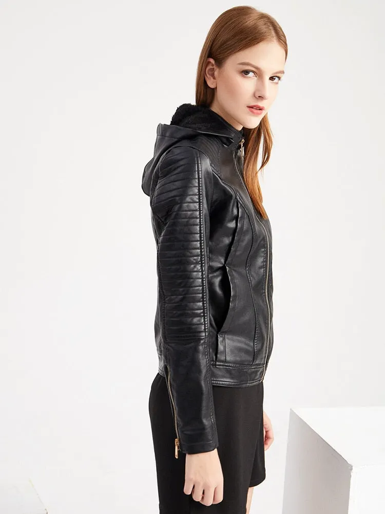 Women's Faux Leather Thick Warm Hooded Detachable Moto Biker Jacket