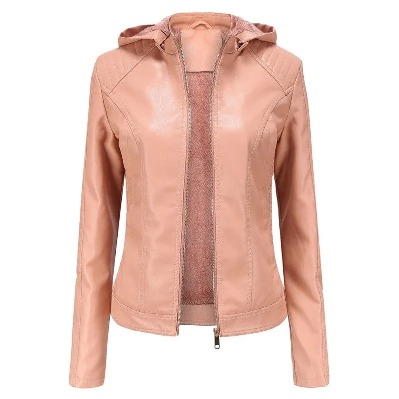 Women's Faux Leather Thick Warm Hooded Detachable Moto Biker Jacket