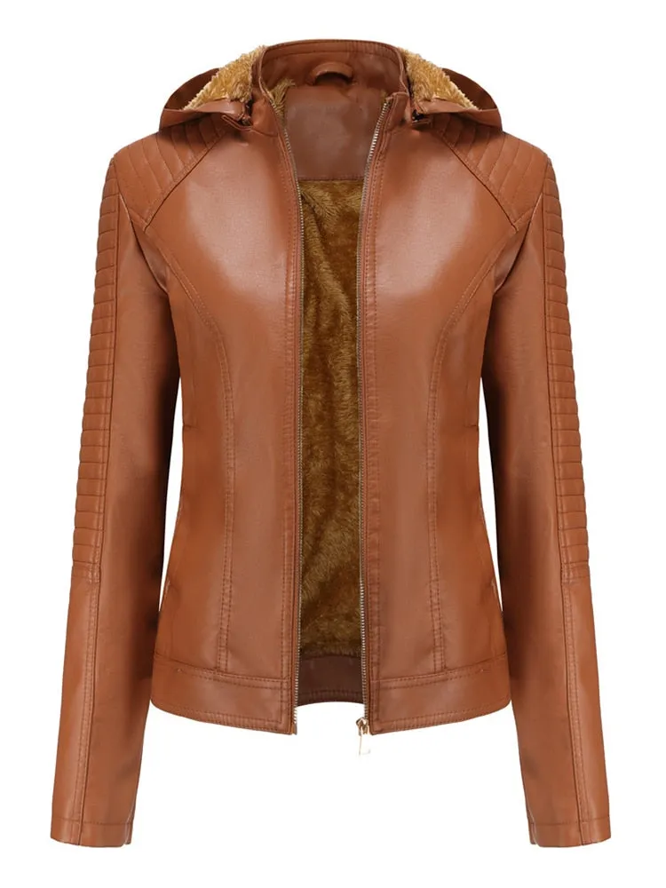 Women's Faux Leather Thick Warm Hooded Detachable Moto Biker Jacket