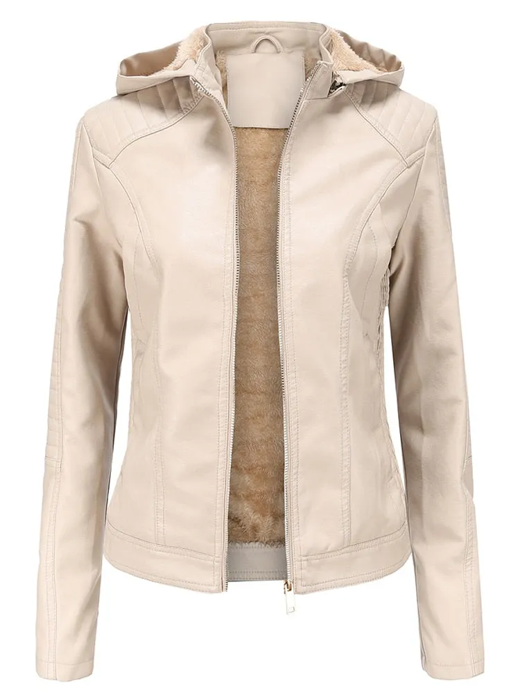 Women's Faux Leather Thick Warm Hooded Detachable Moto Biker Jacket