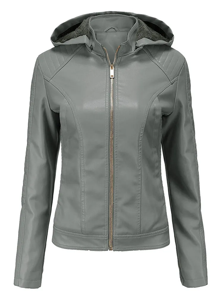 Women's Faux Leather Thick Warm Hooded Detachable Moto Biker Jacket