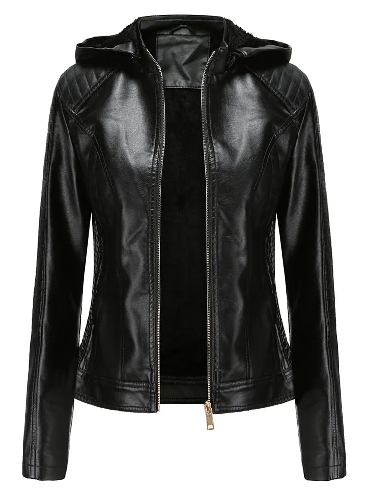 Women's Faux Leather Thick Warm Hooded Detachable Moto Biker Jacket