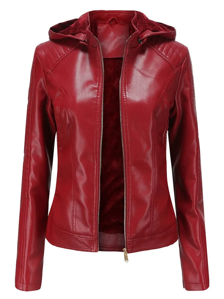 Women's Faux Leather Thick Warm Hooded Detachable Moto Biker Jacket