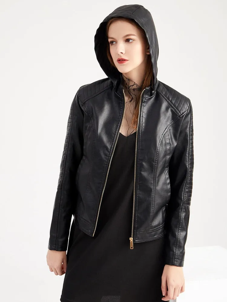 Women's Faux Leather Thick Warm Hooded Detachable Moto Biker Jacket