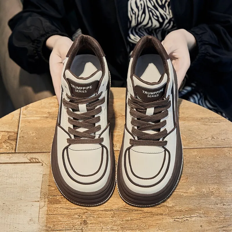 Women's genuine leather lace-up platform sneakers with a 4.5cm vulcanized sole