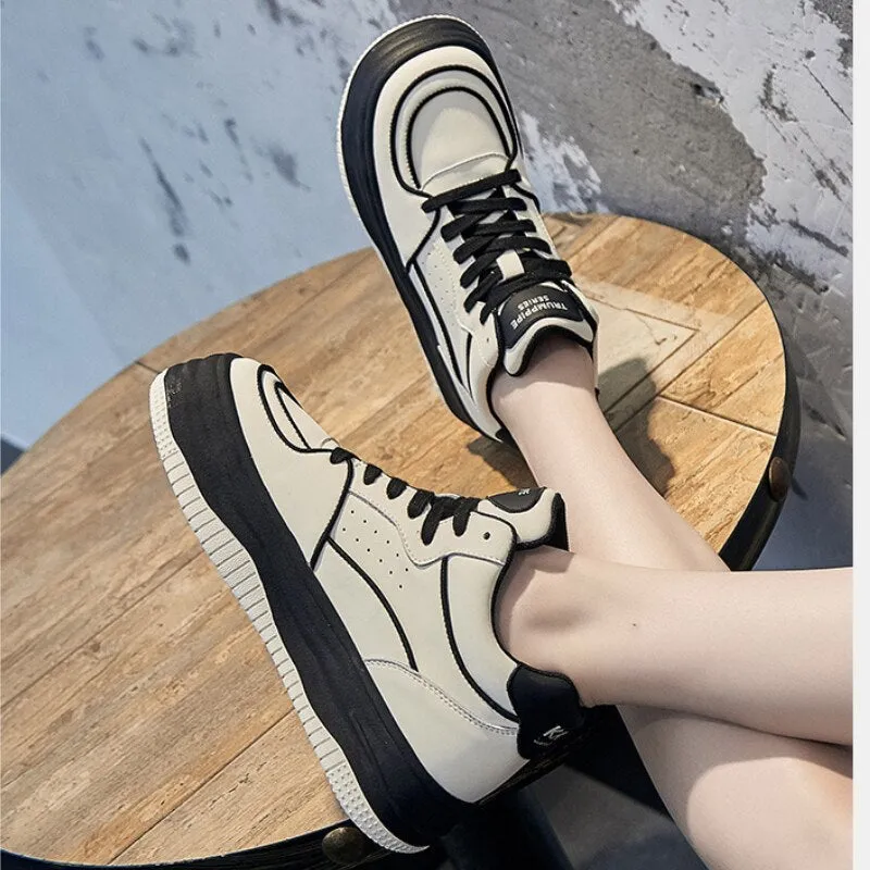 Women's genuine leather lace-up platform sneakers with a 4.5cm vulcanized sole