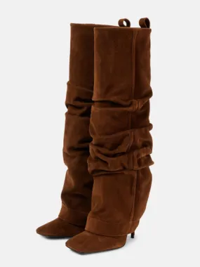 Women's Slouch Boots High Heel Square Toe Foldover Knee High Boots