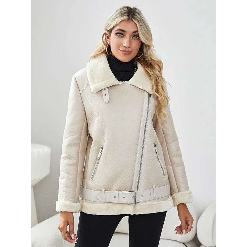 Women's Thick Warm Faux Fur Sheepskin Zip-Up Jacket with Belt