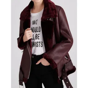 Women's Thick Warm Faux Fur Sheepskin Zip-Up Jacket with Belt