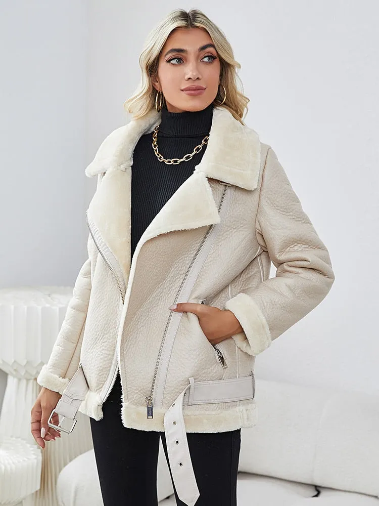 Women's Thick Warm Faux Fur Sheepskin Zip-Up Jacket with Belt