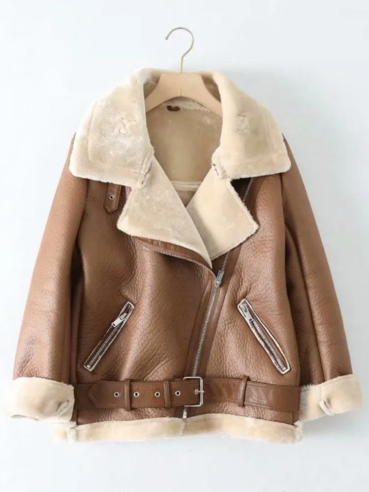 Women's Thick Warm Faux Fur Sheepskin Zip-Up Jacket with Belt