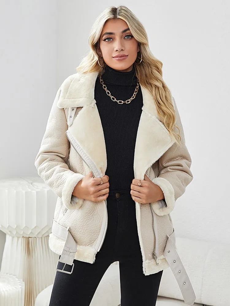 Women's Thick Warm Faux Fur Sheepskin Zip-Up Jacket with Belt