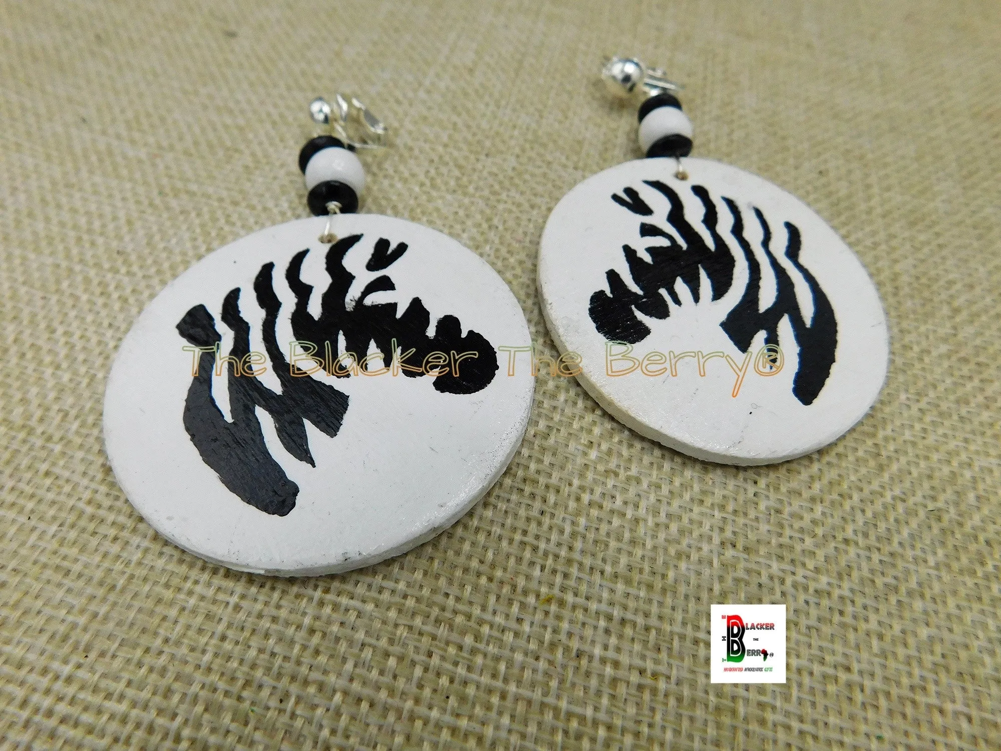 Zebra Clip On Earrings | Hand Painted Wooden Jewelry | White Black | Non Pierced