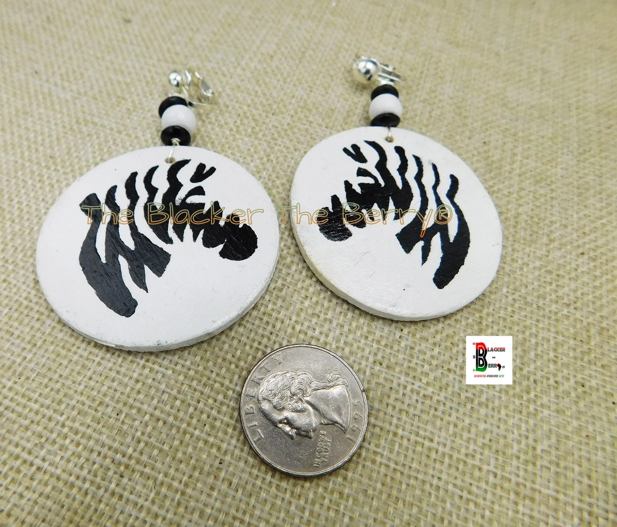 Zebra Clip On Earrings | Hand Painted Wooden Jewelry | White Black | Non Pierced